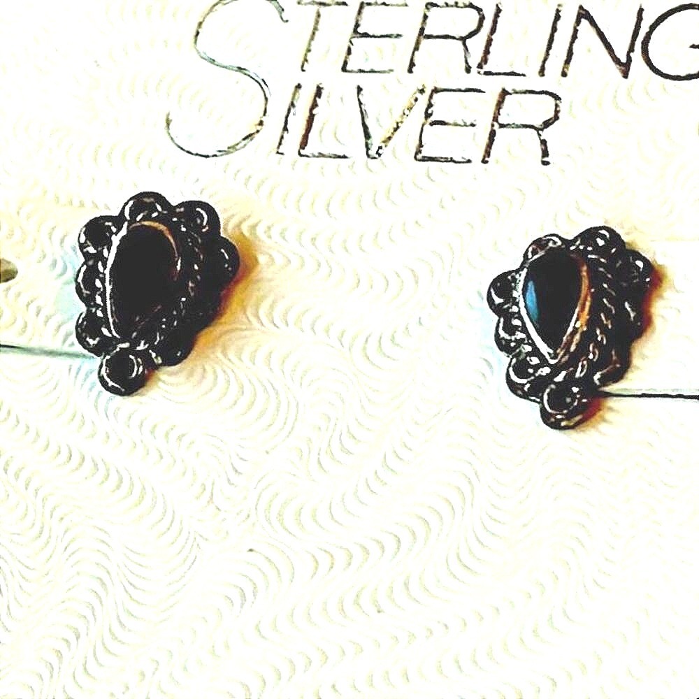Sterling Silver Black Stone Teardrop Earrings‎